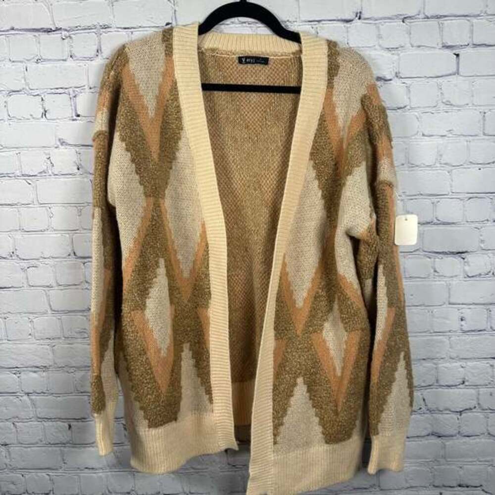 Tan and Cream Diamond Pattern Marled Knit Cardigan NWT